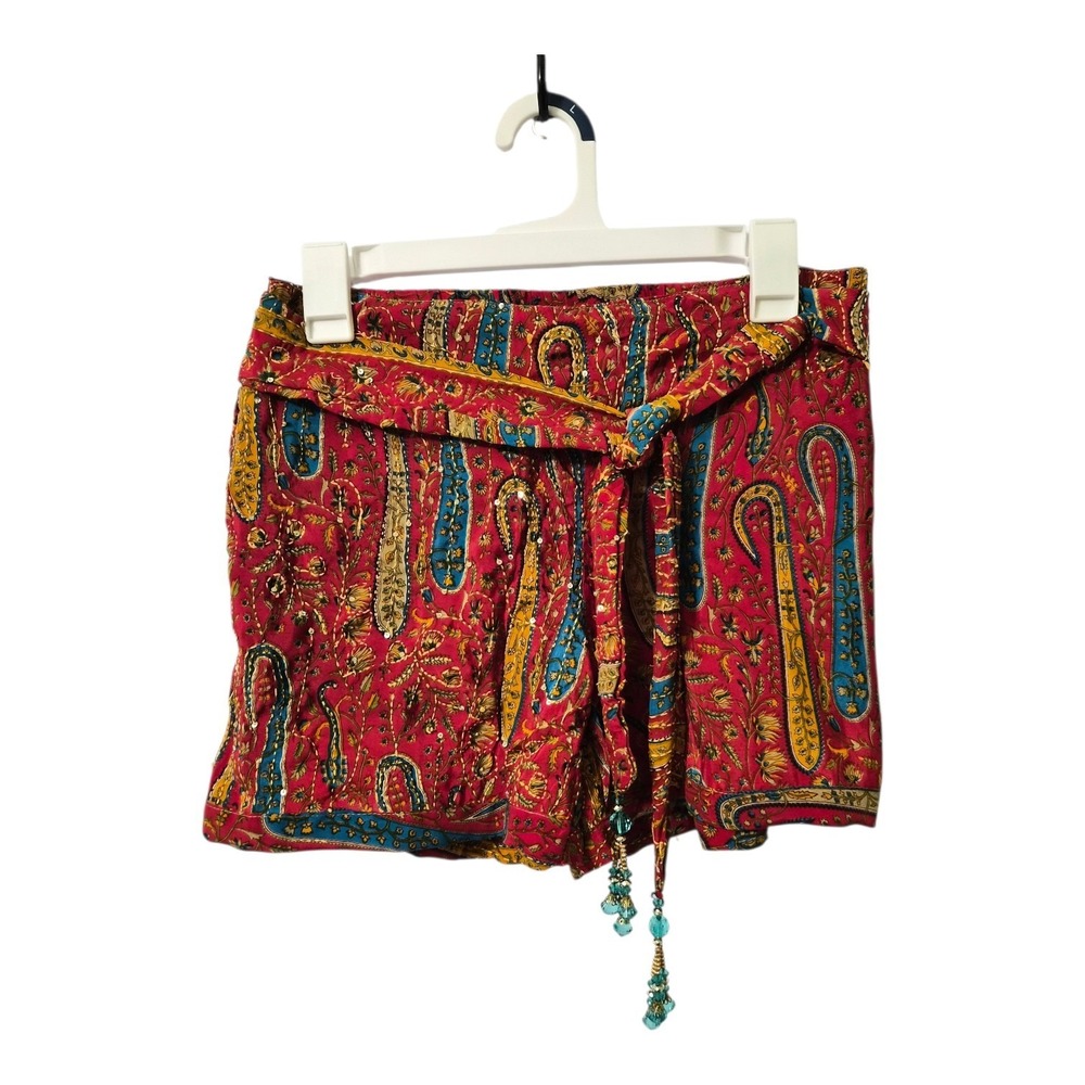 Jungleee Billee Boho Paisley Shorts S/M Red Beaded Tassel Tie Made in India